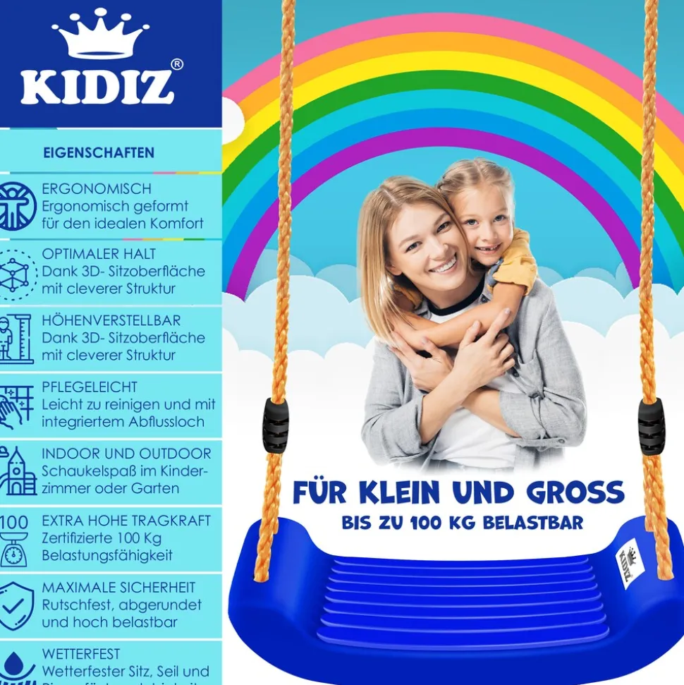 KIDIZ® Schaukel Kinderschaukel Set - Ink. Zubehör Schaukelsitz Schaukelbrett Garten Outdoor Indoor Brettschaukel für Kinder zum Schaukeln aus Kunststoff Höhenverstellbar Rutschfest