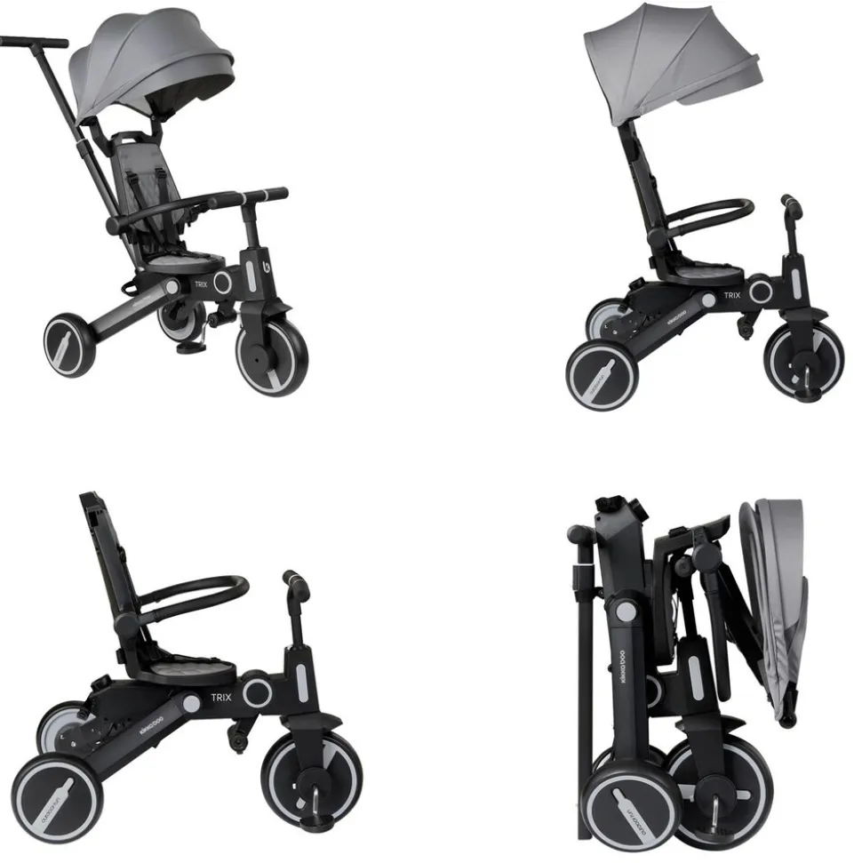Kikkaboo Dreirad, Tricycle Trix 3 in 1 Schiebegriff, Sonnendach faltbar, Gurt grau
