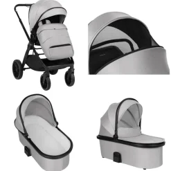 Kikkaboo Kinderwagen Tiffany 2 in 1 Babywanne, Sportsitz, Wickeltasche, PU-Räder grau