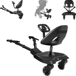 Kikkaboo Kinderwagen Trittbrett Ally mit Sitz universal, 2-Punkt-Gurt, Lenkrad schwarz