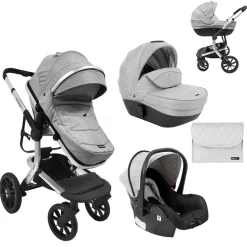 Kikkaboo Kombikinderwagen Irene 3 in 1 Babywanne Autositz Adapter Wickeltasche grau hellgrau