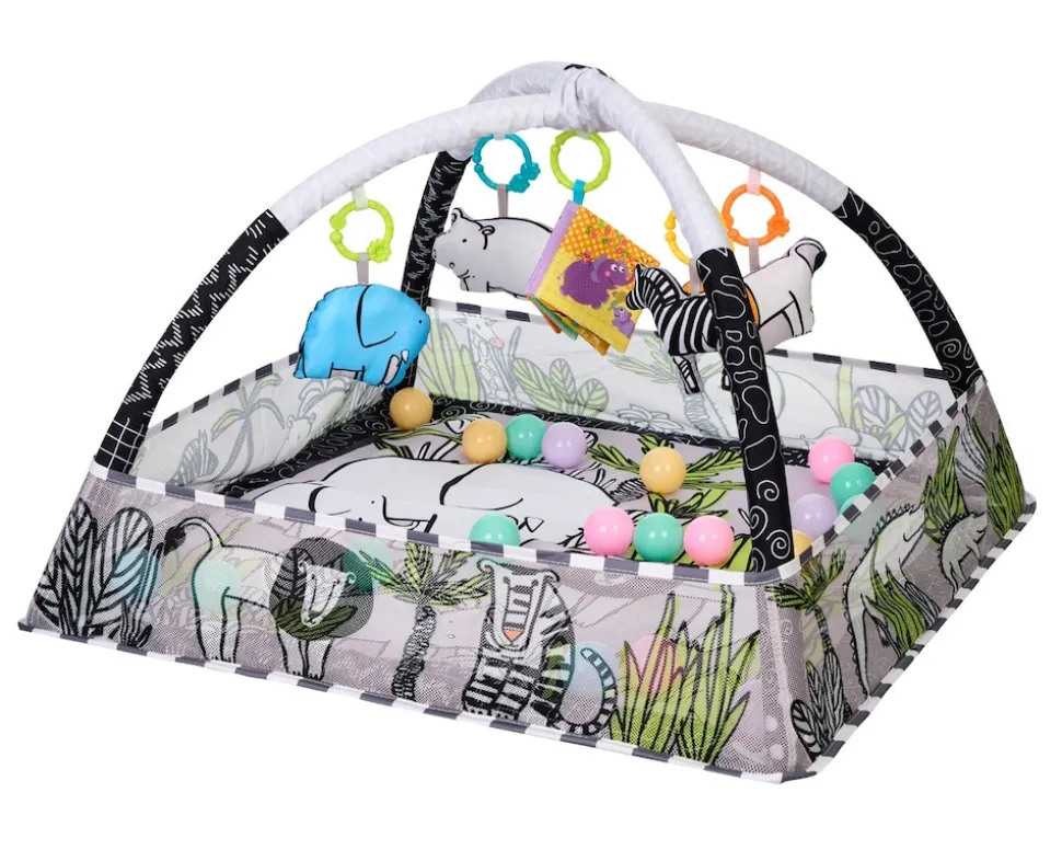 Kikkaboo Spielbogen, Krabbeldecke 2 in 1, Greiflinge, 18 Spielbälle, Bällebad grau