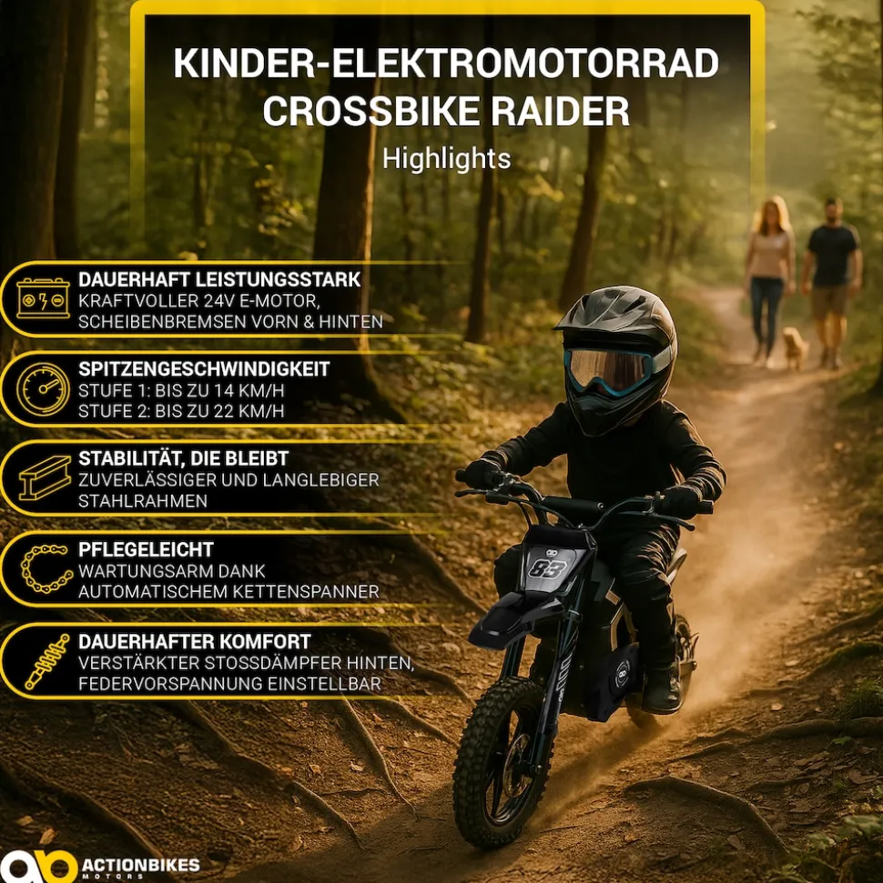 Kinder Crossbike Raider, Kinder Elektromotorrad, maximale Sicherheitsstandards, ab 8 Jahren