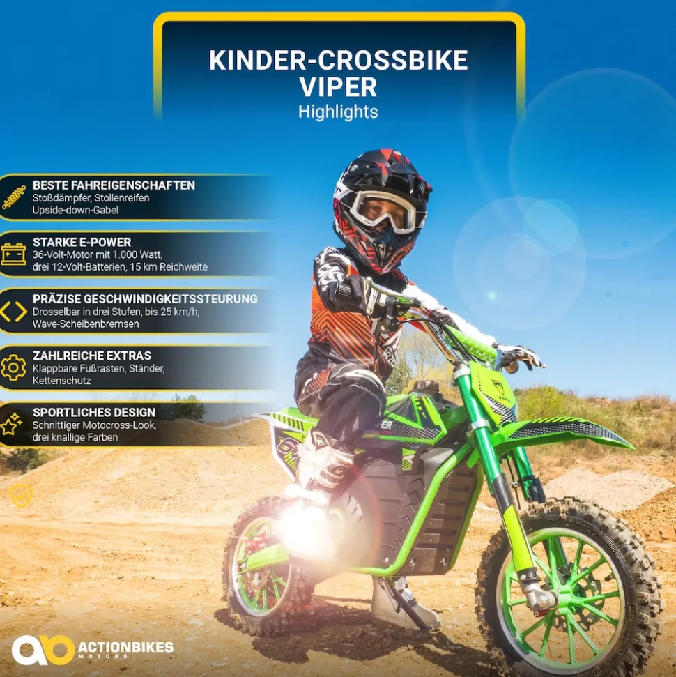 Kinder-Crossbike Viper, Elektro-Kindermotorrad, 1000 Watt, bis 24 km/h, Scheibenbremsen, ab 8 Jahren (Schwarz)
