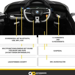 Kinder-Elektroauto BMW i4, Fernbedienung, LED-Beleuchtung, Soft-Start-Funktion (Schwarz)