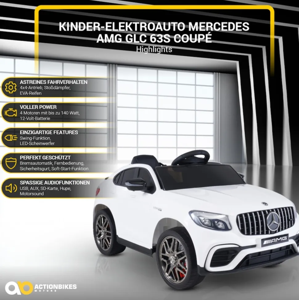 Kinder-Elektroauto Mercedes AMG GLC 63S Coupé, 4x4-Antrieb, Fernbedienung, 140 Watt, LED, EVA-Reifen (Weiß)