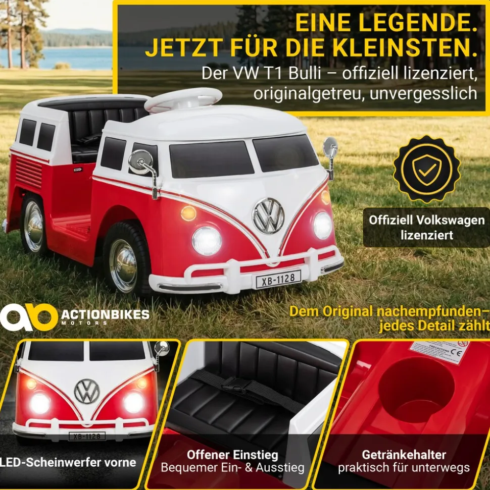 Kinder-Elektroauto VW T1 Camper Bus, Bremsautomatik, 3-5 km/h, Soft-Start, LED, Fernbedienung