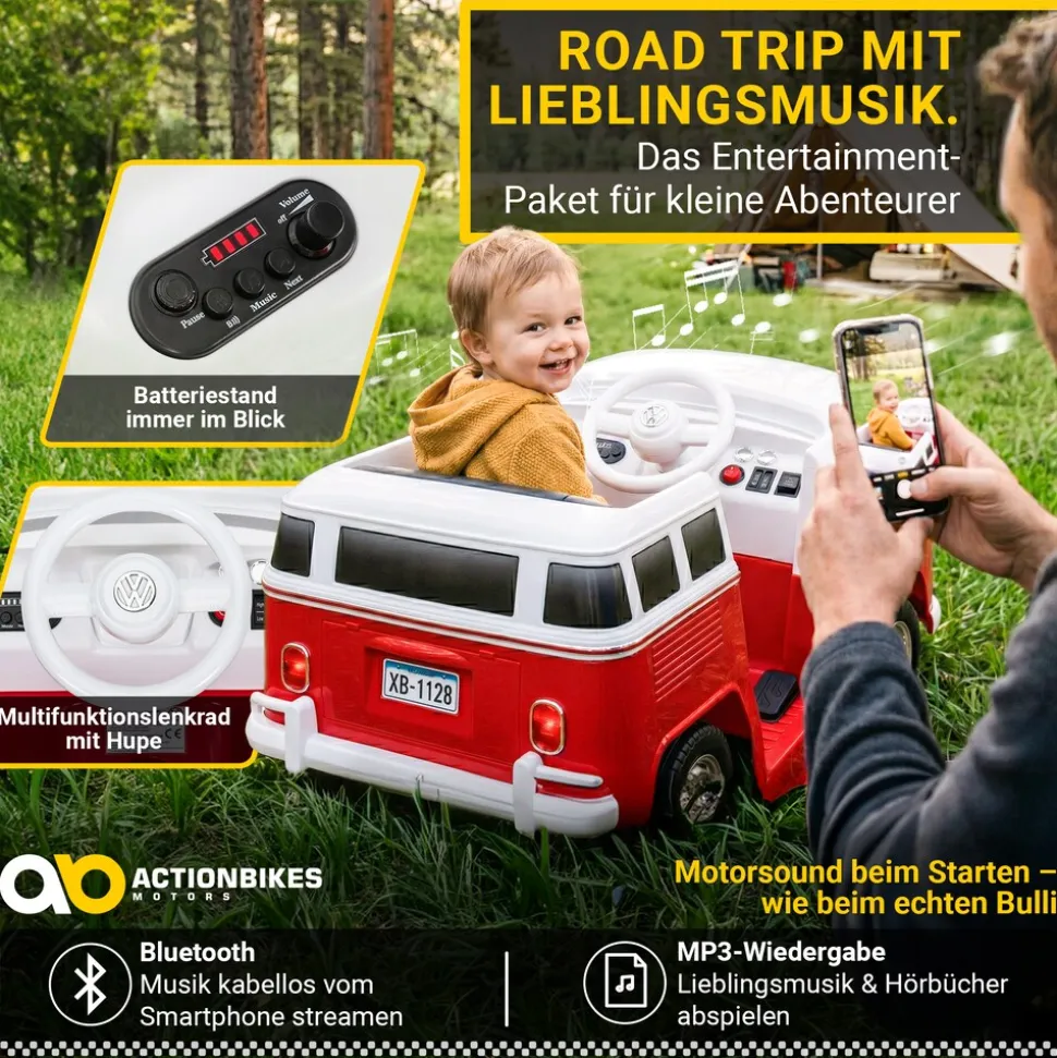Kinder-Elektroauto VW T1 Camper Bus, Bremsautomatik, 3-5 km/h, Soft-Start, LED, Fernbedienung