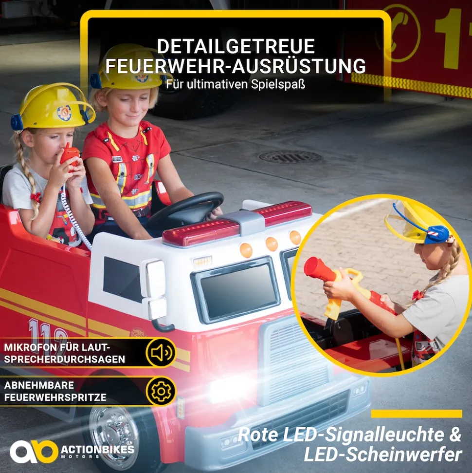 Kinder-Elektro-Feuerwehrauto LL911, 2-Sitzer, Sirene, Spritze, EVA-Reifen, 90 Watt, Fernbedienung
