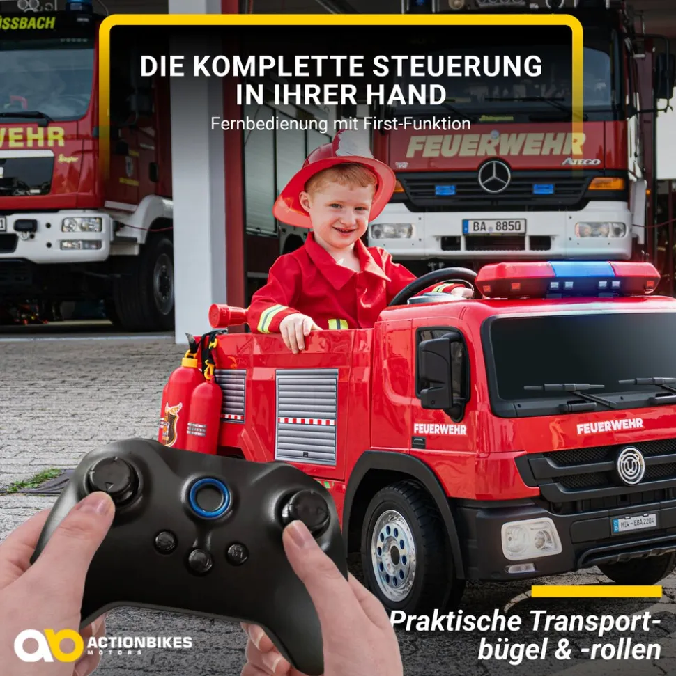 Kinder-Elektro-Feuerwehrauto SX1818, Spritze, Sirene, Blaulicht, 70 Watt, Servolenkung, Bluetooth