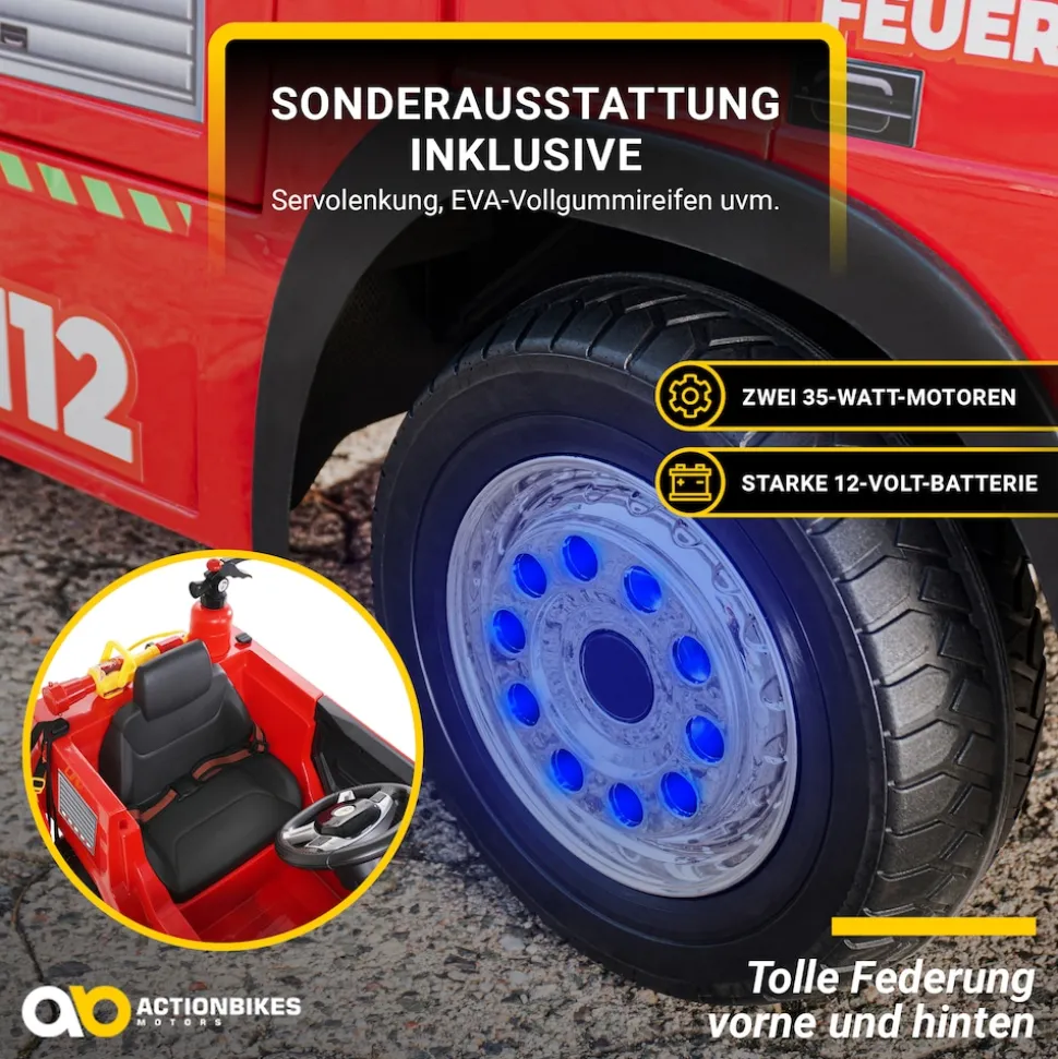 Kinder-Elektro-Feuerwehrauto SX1818, Spritze, Sirene, Blaulicht, 70 Watt, Servolenkung, Bluetooth