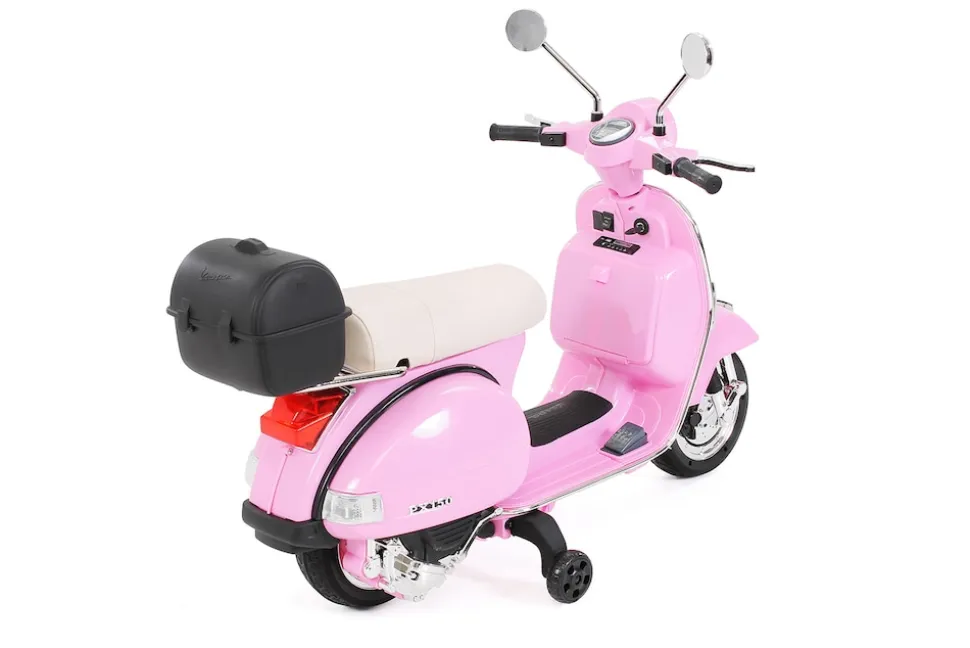Kinder-Elektroroller Vespa, lizenziert, EVA-Reifen, LED-Scheinwerfer, Koffer, Soundmodul, Stützräder (Pink)