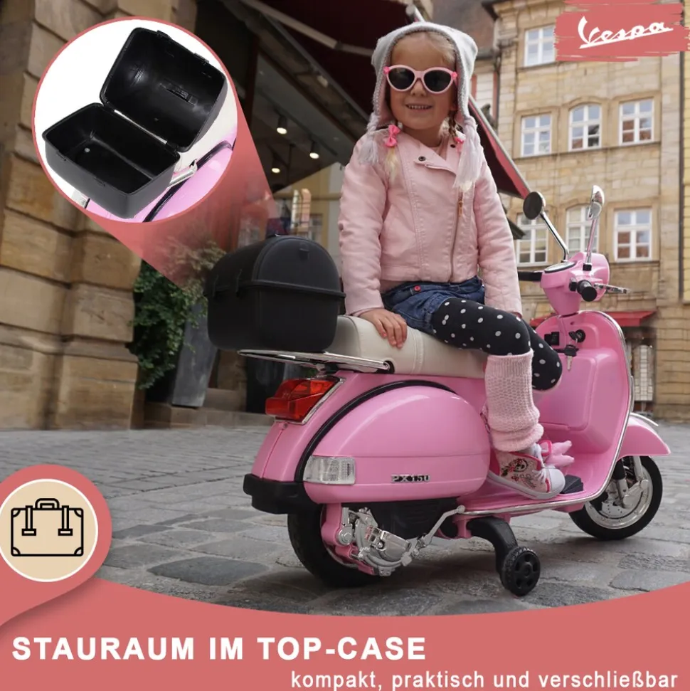 Kinder-Elektroroller Vespa, lizenziert, EVA-Reifen, LED-Scheinwerfer, Koffer, Soundmodul, Stützräder (Pink)