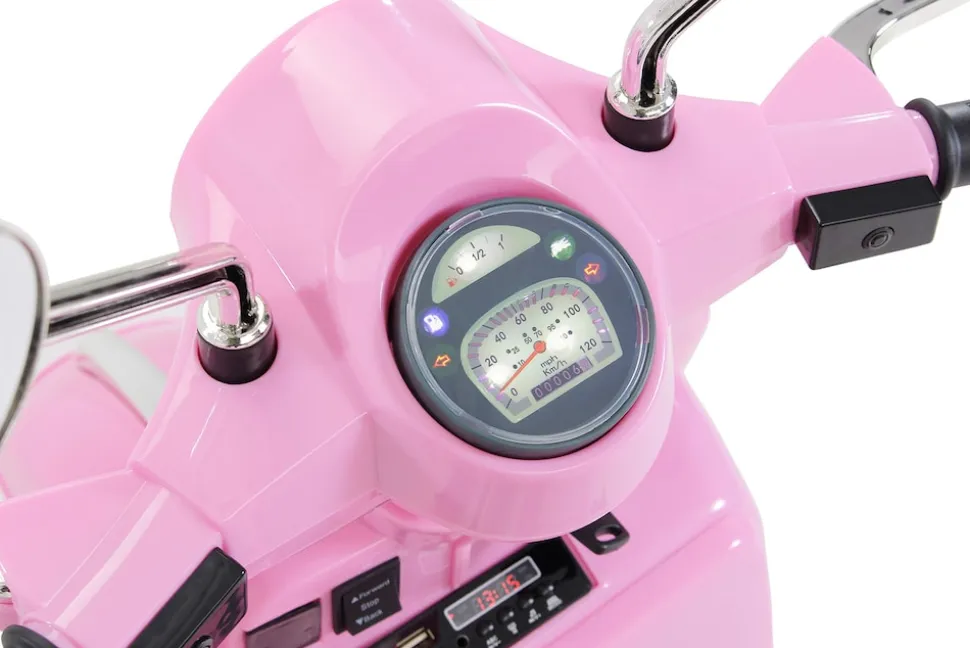 Kinder-Elektroroller Vespa, lizenziert, EVA-Reifen, LED-Scheinwerfer, Koffer, Soundmodul, Stützräder (Pink)