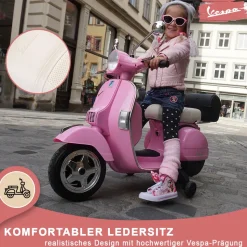Kinder-Elektroroller Vespa, lizenziert, EVA-Reifen, LED-Scheinwerfer, Koffer, Soundmodul, Stützräder (Pink)