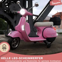 Kinder-Elektroroller Vespa, lizenziert, EVA-Reifen, LED-Scheinwerfer, Koffer, Soundmodul, Stützräder (Pink)