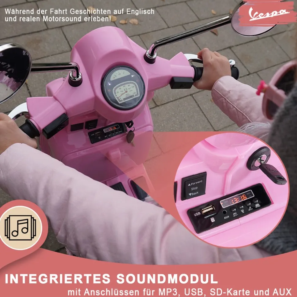 Kinder-Elektroroller Vespa, lizenziert, EVA-Reifen, LED-Scheinwerfer, Koffer, Soundmodul, Stützräder (Pink)