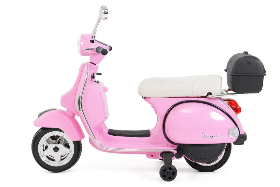Kinder-Elektroroller Vespa, lizenziert, EVA-Reifen, LED-Scheinwerfer, Koffer, Soundmodul, Stützräder (Pink)