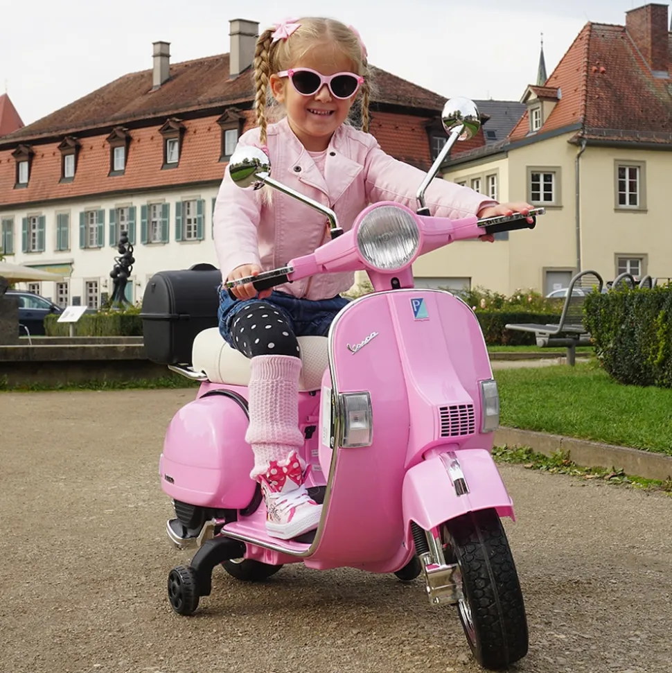 Kinder-Elektroroller Vespa, lizenziert, EVA-Reifen, LED-Scheinwerfer, Koffer, Soundmodul, Stützräder (Pink)