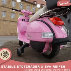 Kinder-Elektroroller Vespa, lizenziert, EVA-Reifen, LED-Scheinwerfer, Koffer, Soundmodul, Stützräder (Pink)