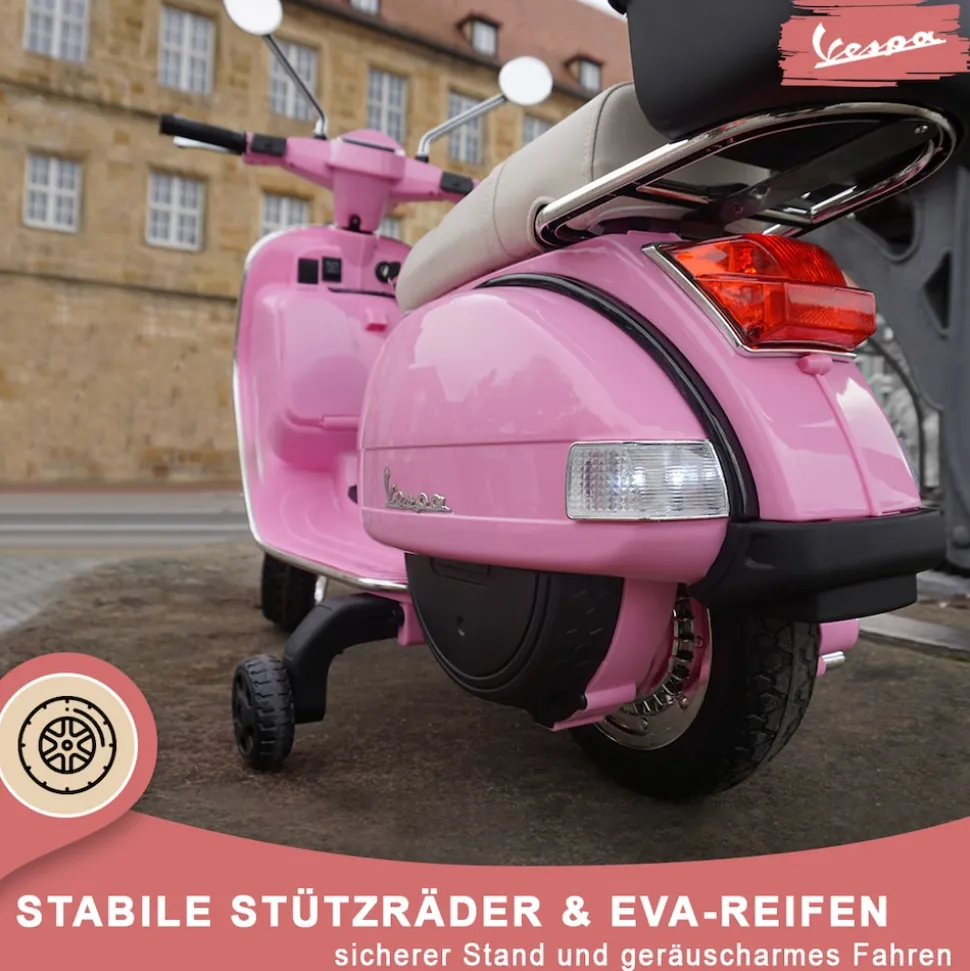 Kinder-Elektroroller Vespa, lizenziert, EVA-Reifen, LED-Scheinwerfer, Koffer, Soundmodul, Stützräder (Pink)