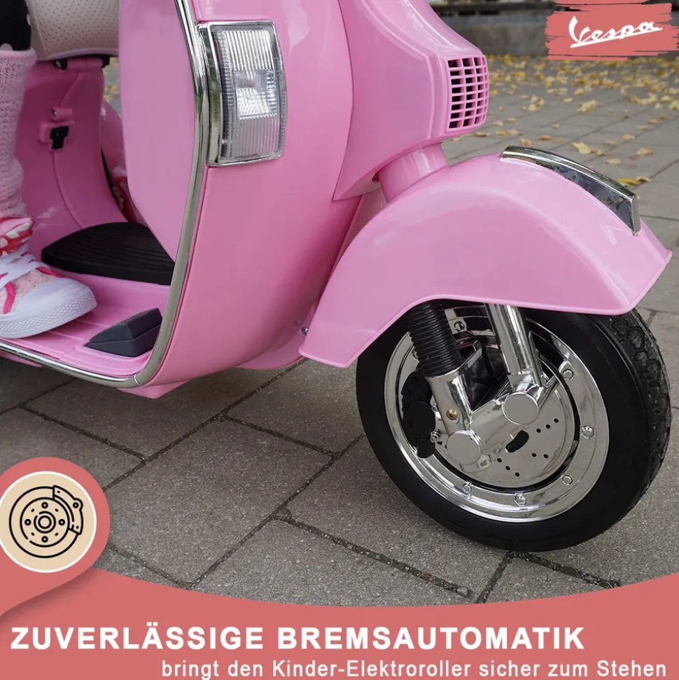 Kinder-Elektroroller Vespa, lizenziert, EVA-Reifen, LED-Scheinwerfer, Koffer, Soundmodul, Stützräder (Pink)