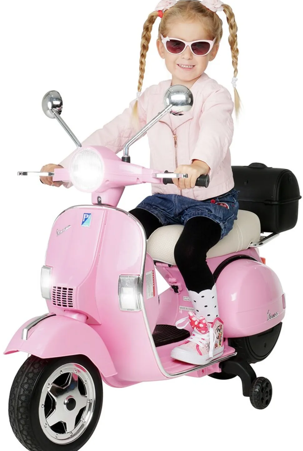 Kinder-Elektroroller Vespa, lizenziert, EVA-Reifen, LED-Scheinwerfer, Koffer, Soundmodul, Stützräder (Pink)
