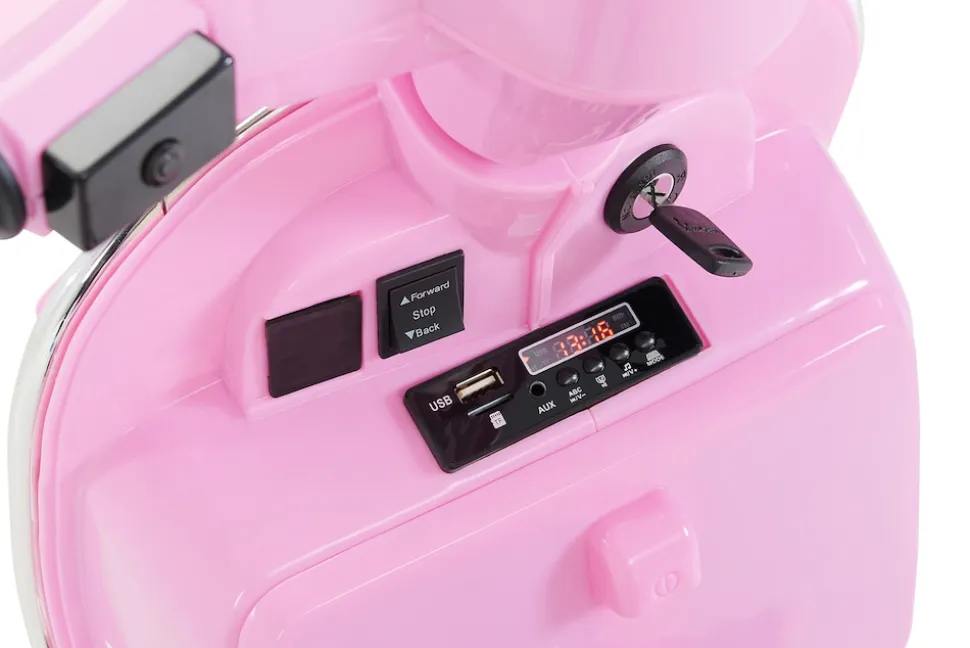 Kinder-Elektroroller Vespa, lizenziert, EVA-Reifen, LED-Scheinwerfer, Koffer, Soundmodul, Stützräder (Pink)