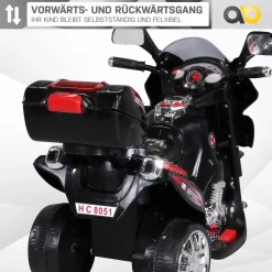 Kindermotorrad C051, Kinder-Elektro-Motorrad mit 12-Watt-Motor, LED-Scheinwerfer, 2-Gang-Getriebe (Schwarz)