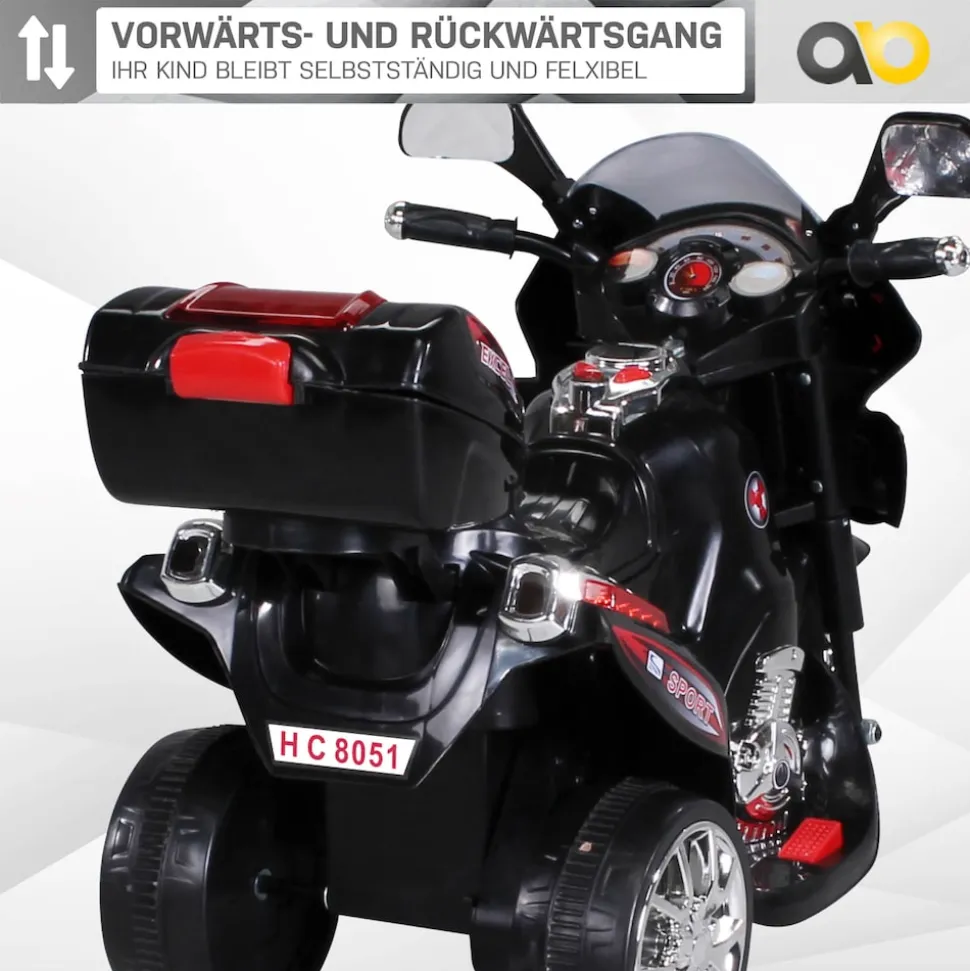 Kindermotorrad C051, Kinder-Elektro-Motorrad mit 12-Watt-Motor, LED-Scheinwerfer, 2-Gang-Getriebe (Schwarz)