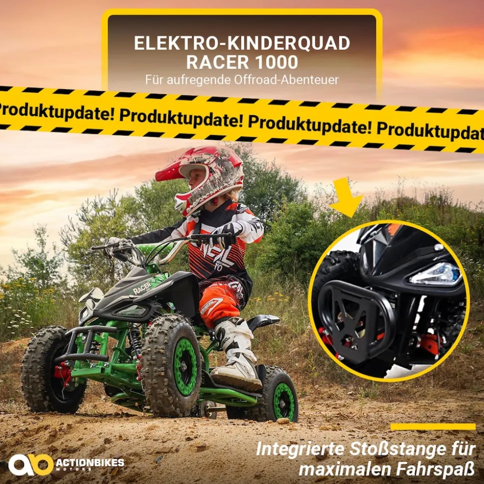 Kinderquad Racer 1000, Pocket-Quad mit 1000 Watt Elektromotor, 3 Batterien, Stoßdämpfer, bis 24 km/h (Schwarz/Grün)