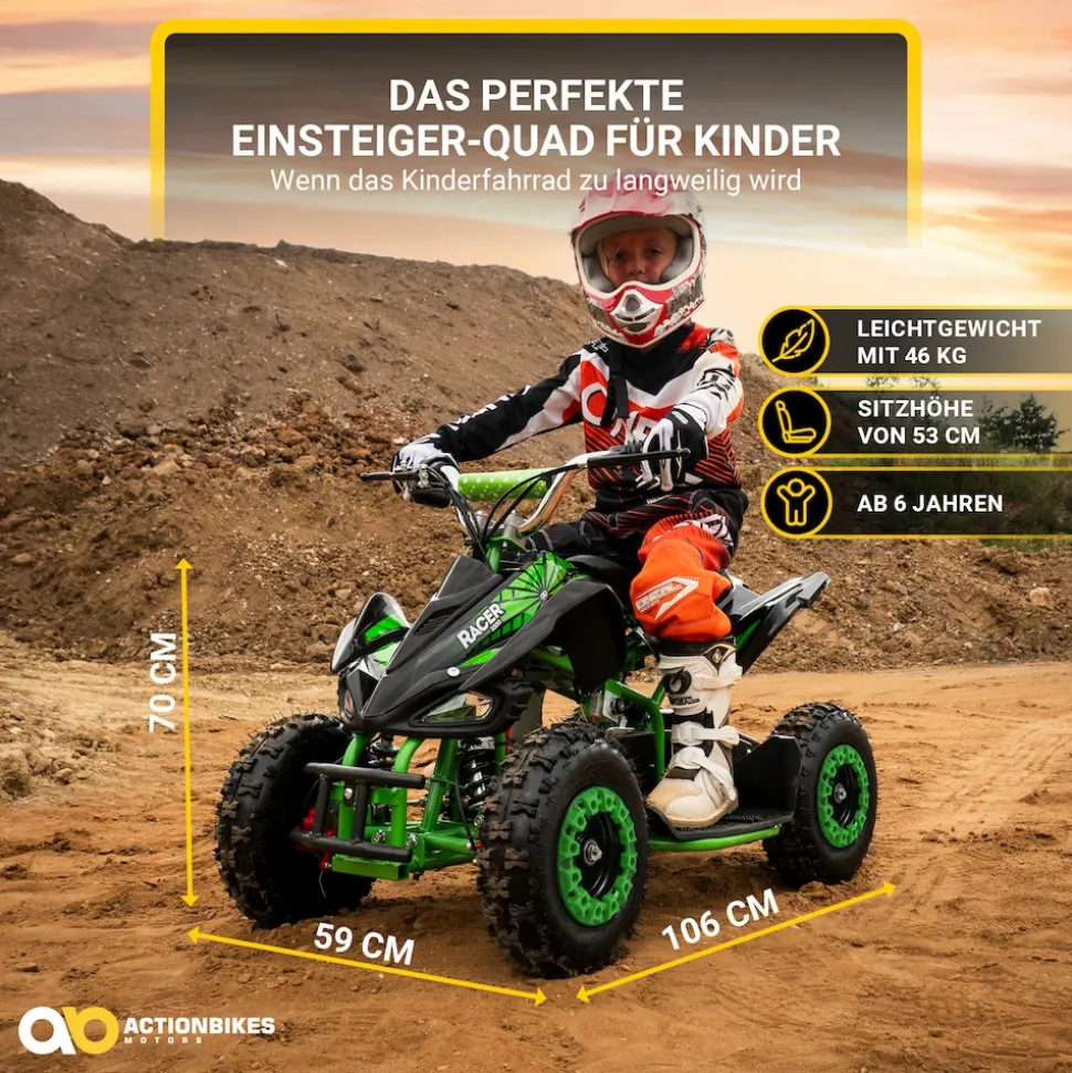 Kinderquad Racer 1000, Pocket-Quad mit 1000 Watt Elektromotor, 3 Batterien, Stoßdämpfer, bis 24 km/h (Schwarz/Grün)