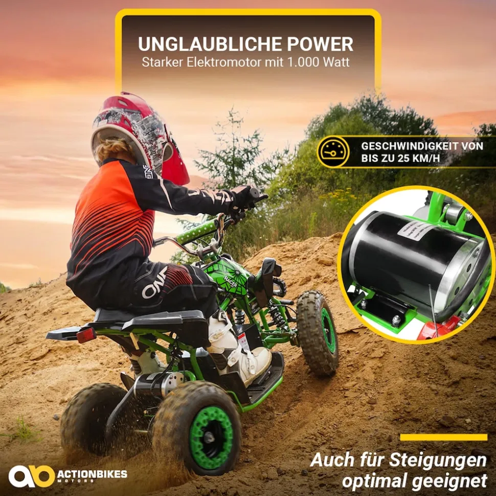 Kinderquad Racer 1000, Pocket-Quad mit 1000 Watt Elektromotor, 3 Batterien, Stoßdämpfer, bis 24 km/h (Schwarz/Grün)
