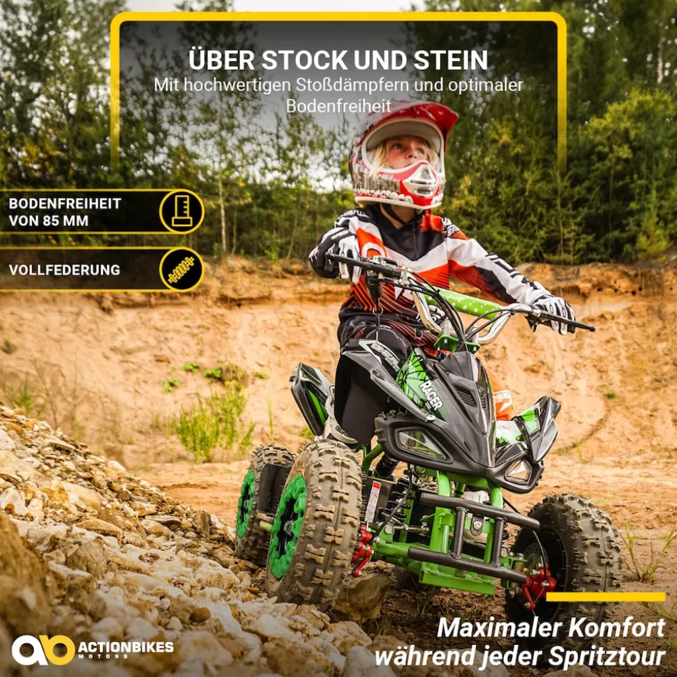 Kinderquad Racer 1000, Pocket-Quad mit 1000 Watt Elektromotor, 3 Batterien, Stoßdämpfer, bis 24 km/h (Schwarz/Grün)