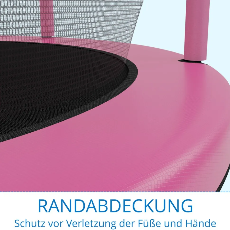 KINETIC SPORTS Kinder Trampolin JUMPER 140 cm - Inklusive Gummiseil Federung, Sicherheitsnetz mit Reißverschluss, Rahmenpolster, Schutz Bodennetz - Indoor Kindertrampolin Spielzeug | Pink-Türkis
