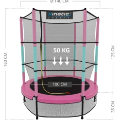 KINETIC SPORTS Kinder Trampolin JUMPER 140 cm - Inklusive Gummiseil Federung, Sicherheitsnetz mit Reißverschluss, Rahmenpolster, Schutz Bodennetz - Indoor Kindertrampolin Spielzeug | Pink-Türkis