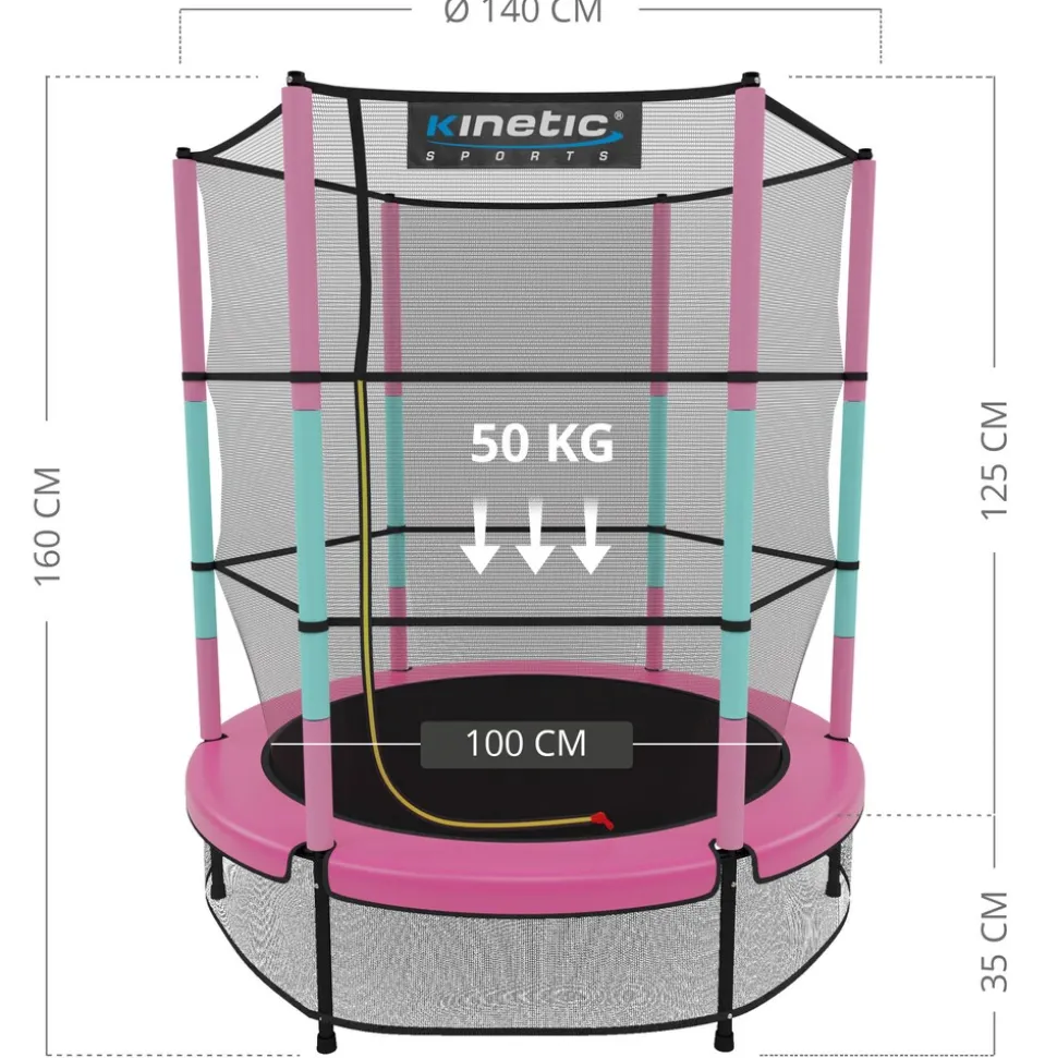KINETIC SPORTS Kinder Trampolin JUMPER 140 cm - Inklusive Gummiseil Federung, Sicherheitsnetz mit Reißverschluss, Rahmenpolster, Schutz Bodennetz - Indoor Kindertrampolin Spielzeug | Pink-Türkis