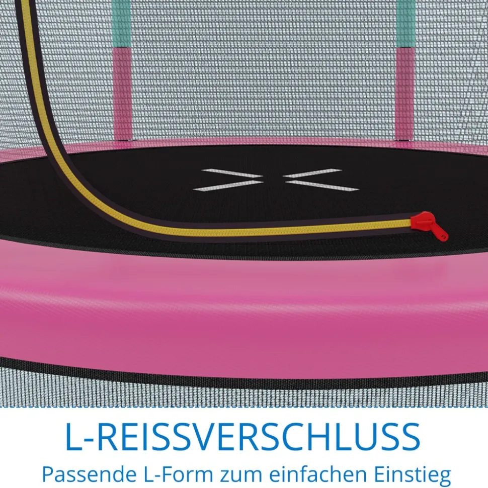 KINETIC SPORTS Kinder Trampolin JUMPER 140 cm - Inklusive Gummiseil Federung, Sicherheitsnetz mit Reißverschluss, Rahmenpolster, Schutz Bodennetz - Indoor Kindertrampolin Spielzeug | Pink-Türkis