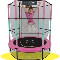 KINETIC SPORTS Kinder Trampolin JUMPER 140 cm - Inklusive Gummiseil Federung, Sicherheitsnetz mit Reißverschluss, Rahmenpolster, Schutz Bodennetz - Indoor Kindertrampolin Spielzeug | Pink-Türkis