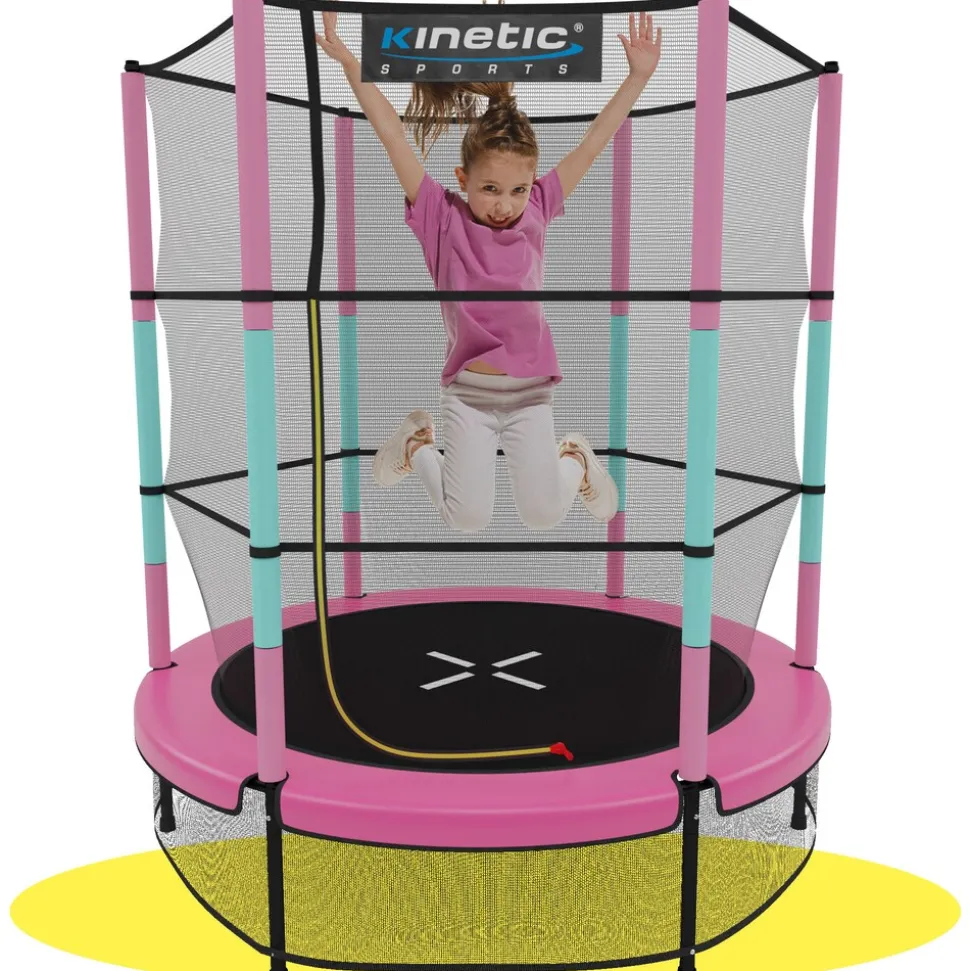 KINETIC SPORTS Kinder Trampolin JUMPER 140 cm - Inklusive Gummiseil Federung, Sicherheitsnetz mit Reißverschluss, Rahmenpolster, Schutz Bodennetz - Indoor Kindertrampolin Spielzeug | Pink-Türkis