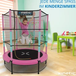KINETIC SPORTS Kinder Trampolin JUMPER 140 cm - Inklusive Gummiseil Federung, Sicherheitsnetz mit Reißverschluss, Rahmenpolster, Schutz Bodennetz - Indoor Kindertrampolin Spielzeug | Pink-Türkis