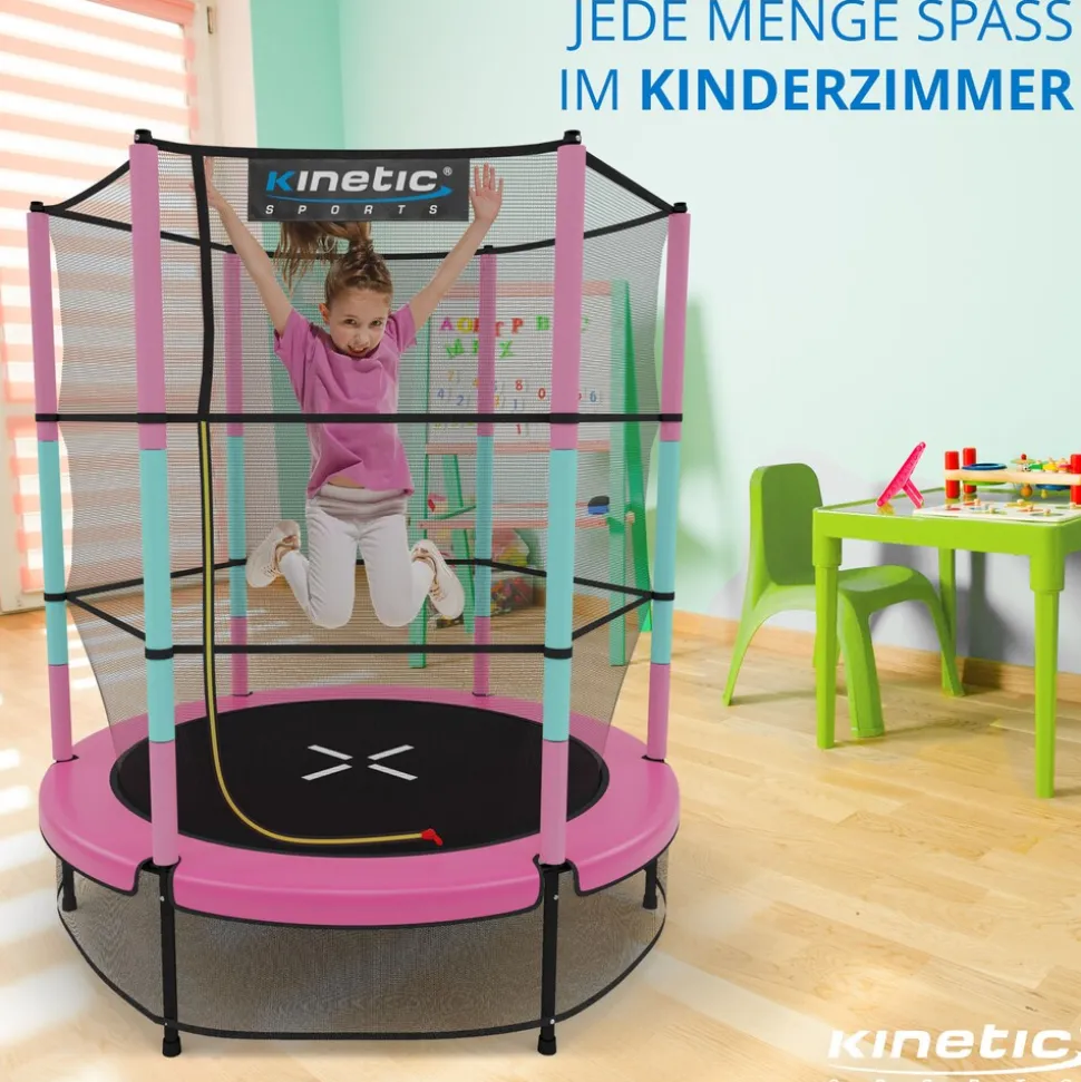 KINETIC SPORTS Kinder Trampolin JUMPER 140 cm - Inklusive Gummiseil Federung, Sicherheitsnetz mit Reißverschluss, Rahmenpolster, Schutz Bodennetz - Indoor Kindertrampolin Spielzeug | Pink-Türkis