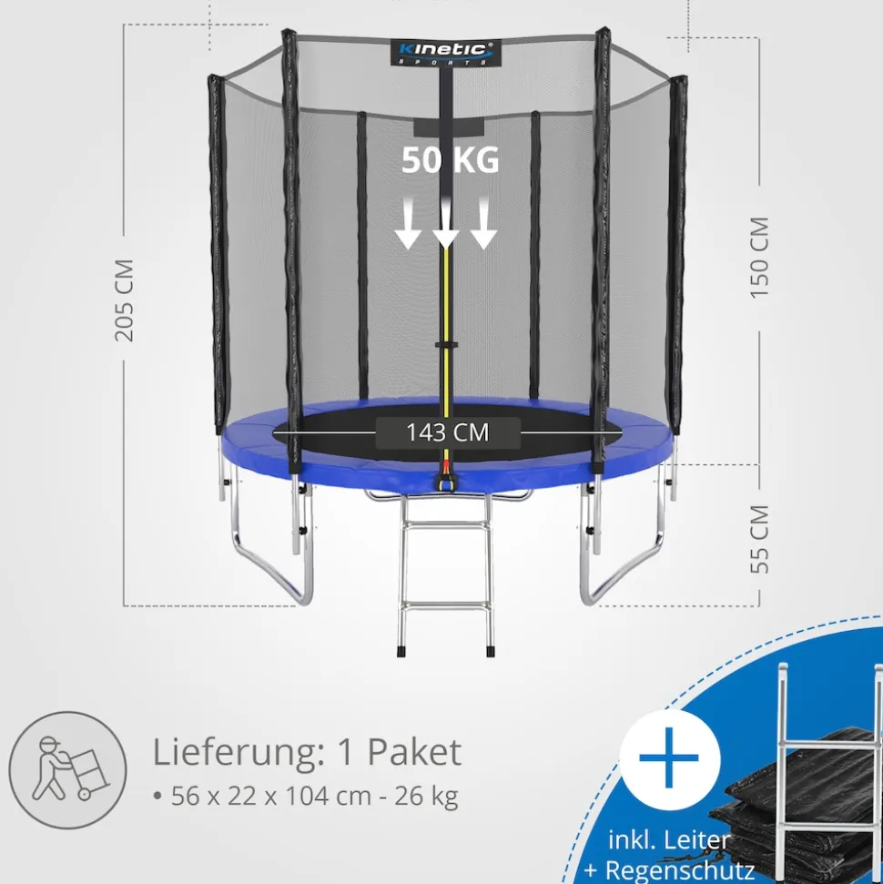 KINETIC SPORTS Trampolin Outdoor 'Salto Plus' Ø 183/244/305/366/400/430/490 cm - Komplett-Set für Kinder, USA Sprungtuch, Netz, Randpolster, Leiter - bis zu 160kg | Blau-2 Ø 183 cm Ø 183 cm, Blau-2