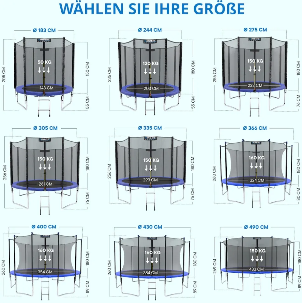 KINETIC SPORTS Trampolin Outdoor SALTO Ø 183/244/305/366/400/430/490 cm - Kindertrampolin Set mit Leiter, Netz, Randpolster, USA Sprungtuch - Gartentrampolin, bis zu 160kg | Blau Ø 183 cm Ø 183 cm, Blau