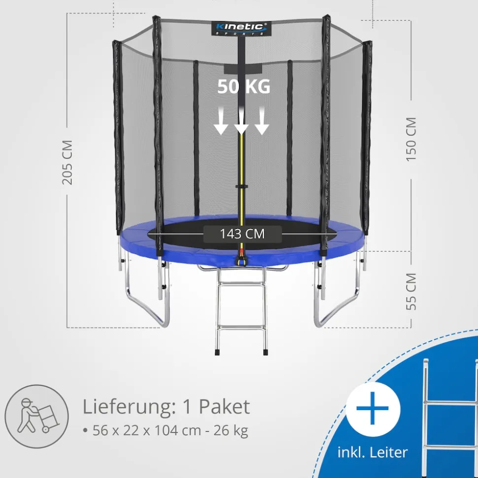 KINETIC SPORTS Trampolin Outdoor SALTO Ø 183/244/305/366/400/430/490 cm - Kindertrampolin Set mit Leiter, Netz, Randpolster, USA Sprungtuch - Gartentrampolin, bis zu 160kg | Blau Ø 183 cm Ø 183 cm, Blau