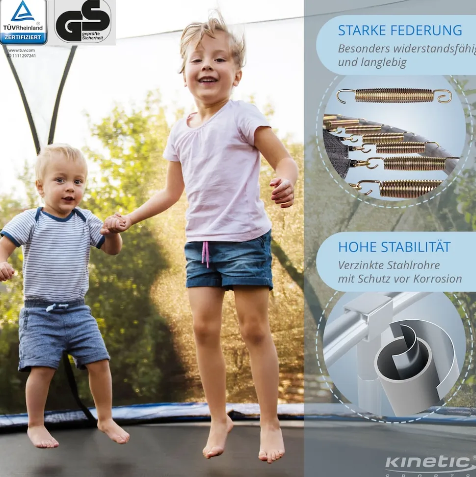 KINETIC SPORTS Trampolin Outdoor SALTO Ø 183/244/305/366/400/430/490 cm - Kindertrampolin Set mit Leiter, Netz, Randpolster, USA Sprungtuch - Gartentrampolin, bis zu 160kg | Blau Ø 183 cm Ø 183 cm, Blau