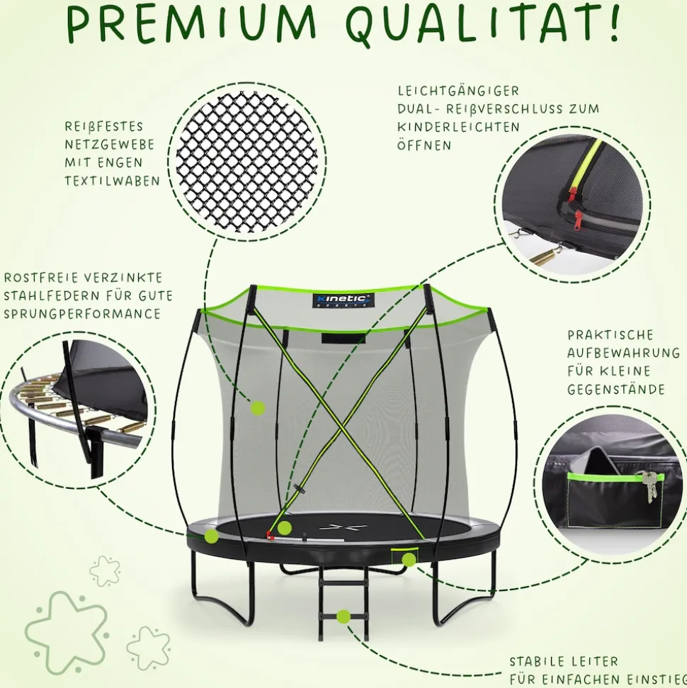 KINETIC SPORTS Trampolin Outdoor 'Ultimate Pro' Ø 244/305/366 cm, rundes Gartentrampolin mit Sicherheitsnetz, bis 120/150/160 kg | Schwarz-Neongrün Ø 244 cm