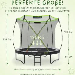 KINETIC SPORTS Trampolin Outdoor 'Ultimate Pro' Ø 244/305/366 cm, rundes Gartentrampolin mit Sicherheitsnetz, bis 120/150/160 kg | Schwarz-Neongrün Ø 244 cm