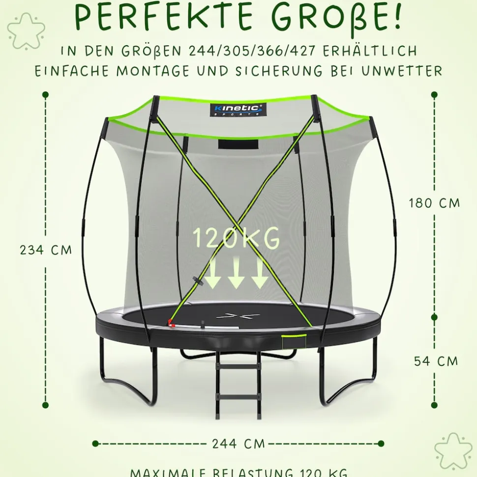 KINETIC SPORTS Trampolin Outdoor 'Ultimate Pro' Ø 244/305/366 cm, rundes Gartentrampolin mit Sicherheitsnetz, bis 120/150/160 kg | Schwarz-Neongrün Ø 244 cm