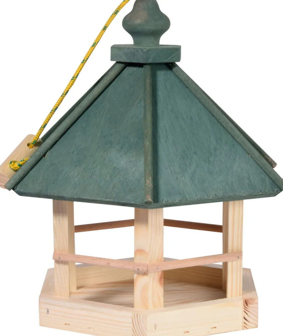 Klassisches Vogelhaus zum Aufhängen, 6-eckiges Futterhaus mit Kordel, Kiefer, Grün